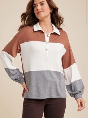 Maurices Colorblock Polo Long Sleeve Top in Brown, White & Gray
